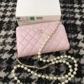 Chanel A68052 Wallet on Chain bag lambskin Imitation Pearls gold Pink