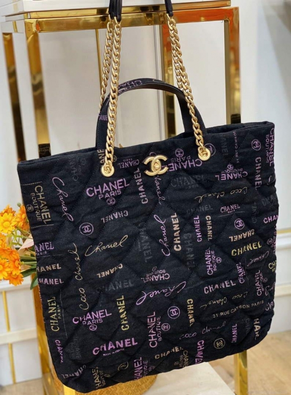 Chanel AS3128 Maxi Shopping Bag Printed Denim Black