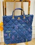 Chanel AS3128 Maxi Shopping Bag Printed Denim Blue