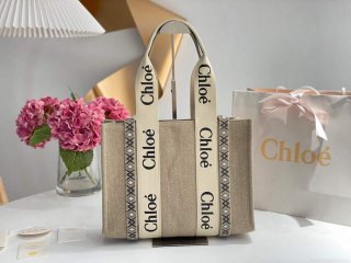 Chloe 383E6691J Medium Woody Tote Bag in Cotton Canvas Black