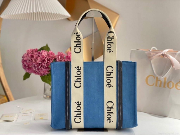 Chloe 6690 Medium Woody Tote Bag in Cotton Canvas Blue