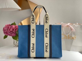 Chloe 382E6690U Large Woody Tote Bag Blue