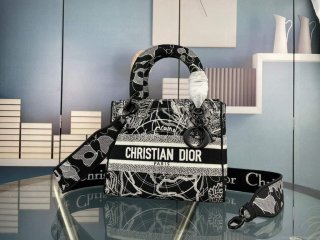 Dior M0565 Medium Lady D-Life Bag Black Cupidon Embroidery