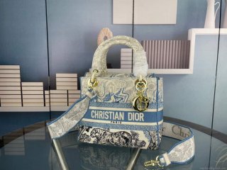 Dior M0565 Medium Lady D-Life Bag Blue Toile de Jouy Embroidery