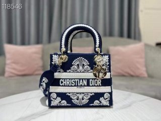 Dior M0565 Medium Lady D-Life Bag Blue and White Cornely-Effect Embroidery