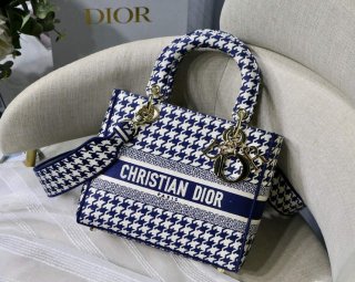 Dior Medium Lady D-Life Bag M0565 Navy Blue and White Butterfly Embroidery