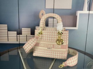 Dior Medium Lady D-Life Bag M0565 Butterfly Embroidery Pink and Beige