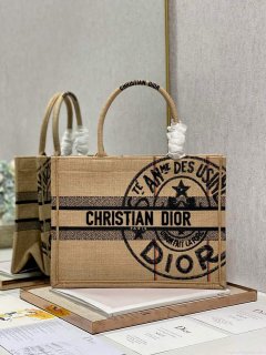 Dior M1296 Medium Book Tote Beige jute fabric with Union motif embroidery