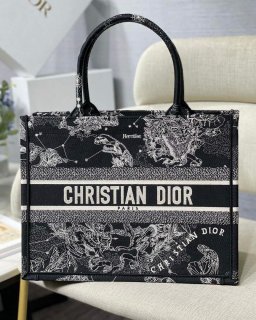 Dior M1296 Medium Book Tote Black Toile de Jouy Zodiac latte embroidery