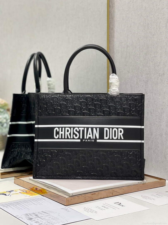 Dior M1296 Medium Book Tote Black Perforated and Embossed Oblique Calfskin