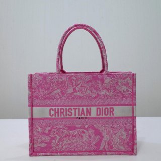 Dior M1296 Book Tote Medium Neon pink Toile de Jouy Reverse Embroidery