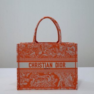 Dior M1296 Book Tote Medium Neon Orange Toile de Jouy Reverse Embroidery