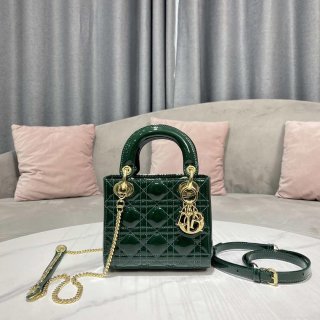 Dior M0505 Mini Lady Dior Bag Dark Green Patent Cannage Calfskin