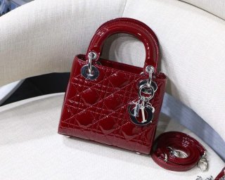 Dior M0505 Mini Lady Dior Bag Wine Red Patent Cannage Calfskin Silver