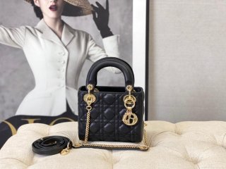 Dior M0505 Mini Dior Lady Bag Black Cannage lambskin Gold