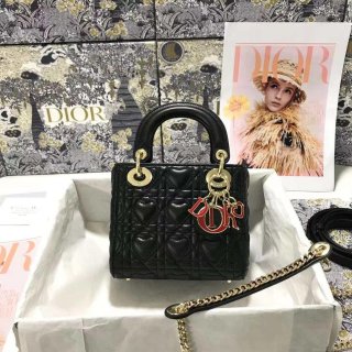 Dior M0505 Mini Dior Lady Bag Black Cannage lambskin Gold with Red Logo