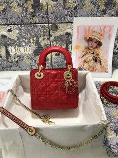 Dior M0505 Mini Dior Lady Bag Red Cannage lambskin Gold with Red Logo