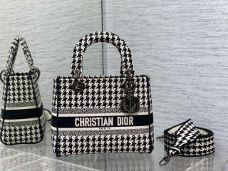 Dior M0565 Medium Lady D-Life Bag Black and White Houndstooth Embroidery