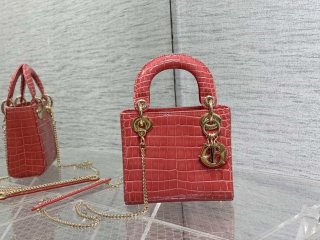 Dior M0505 Mini Dior Lady Bag Red Cannage Crocodile Gold