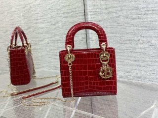 Dior M0505 Mini Dior Lady Bag Wine Red Cannage Crocodile Gold