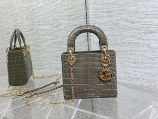 Dior M0505 Mini Dior Lady Bag Kaki Cannage Crocodile Gold