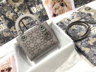 Dior M0505 Mini Dior Lady Bag Gray Metallic Cannage Lambskin with Beaded Embroidery