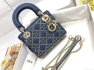 Dior M0505 Mini Dior Lady Bag Navy Blue Metallic Cannage Lambskin with Beaded Embroidery