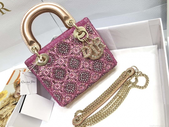 Dior M0505 Mini Dior Lady Bag Metallic Calfskin and Satin with Rose Des Vents Resin Pearl Embroidery