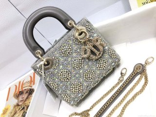 Dior M0505 Mini Dior Lady Bag Metallic Calfskin and Satin with Gray Resin Pearl Embroidery