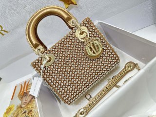 Dior M0505 Mini Dior Lady Bag Gold Embroidered white resin beads