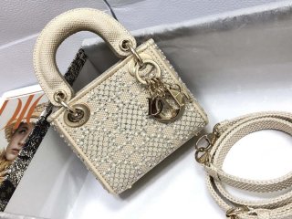 Dior M0505 Mini Dior Lady Bag Apricot Metallic Cannage Lambskin with Embroidered Beads