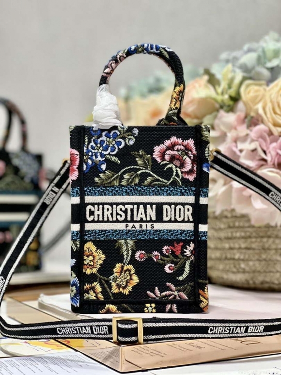 Dior S5555 Mini Dior Book Tote Phone Bag black multicolor embroidery S1099