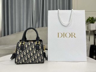 Dior M8671UBEQ_M900 Small Boston bag Navy Blue box Oblique Embroidery and Smooth Calfskin