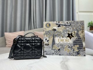 Dior S5140 Caro Box Bag Black Quilted Macrocannage Calfskin