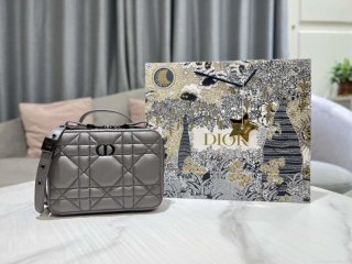 Dior S5140 Caro Box Bag Gray Quilted Macrocannage Calfskin