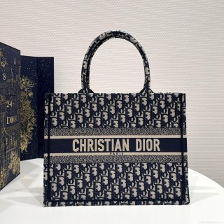 Dior Book Tote M1296 Medium Ecru and Blue Dior Oblique Embroidery