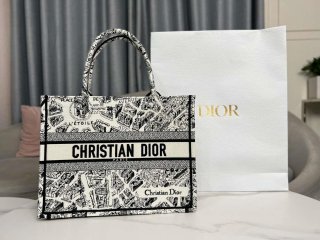 Dior Book Tote M1296 Medium Dior Black and White Plan de Paris Embroidery