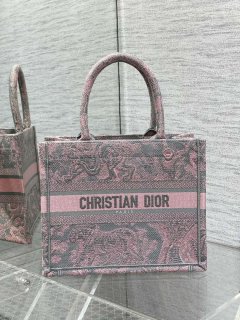 Dior M1265 Small Book Tote Pink and Gray Toile de Jouy Sauvage Embroidery