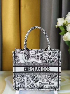 Dior M1265 Small Book Tote White and Black Plan de Paris Embroidery M9616