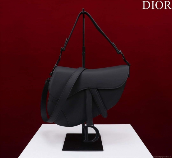 Dior M0456 Mini Saddle Bag With Strap plain matte Black Calfskin