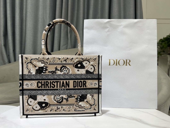 Dior M1296 Book Tote Medium Beige and White Butterfly Bandana Embroidery M095