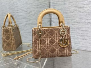 Dior M0505 Mini Lady Bag Metallic Cannage Lambskin Limited Edition Heavy Industry Beads Apricot