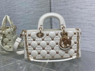 Dior M0540 Medium Lady D-Joy Bag White Cannage Lambskin with Gold-Finish Butterfly Studs