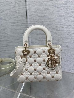 Dior M0531 Small Lady Dior Bag White Cannage Lambskin with Gold-Finish Butterfly Studs