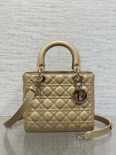 Dior M0565 Medium Lady Dior Bag Sand-Colored Grained Cannage Calfskin Gold