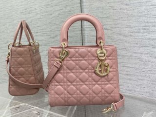 Dior M0565 Medium Lady Dior Bag Pink Grained Cannage Calfskin Gold