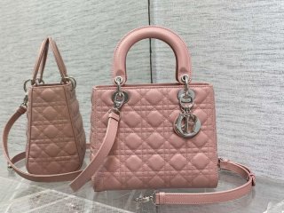 Dior M0565 Medium Lady Dior Bag Pink Grained Cannage Calfskin Silver