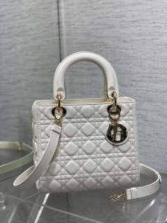 Dior M0565 Medium Lady Dior Bag White Cannage Lambskin Gold