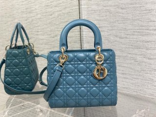 Dior M0565 Medium Lady Dior Bag Blue Cannage Lambskin Gold