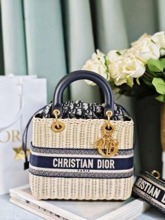 Dior M0565 Medium Lady Dior Bag Natural Wicker Navy Blue Dior Oblique Jacquard